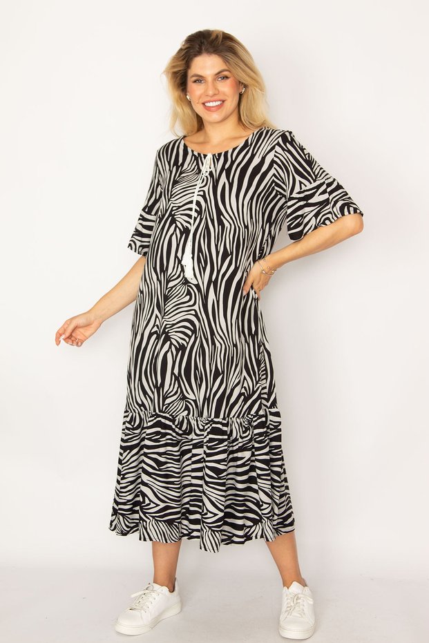 Women's Large Size Black Woven Viscose Fabric Skirt Tiered Sleeves Flounce Long Dress 65n34262