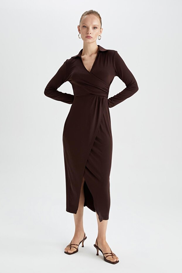 Bodycon V-Neck Midi Long Sleeve Dress
