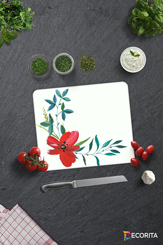 Flower Motif Patterned | Glass Cutting Board - Glass Cutting Board | 29cm X 34cm