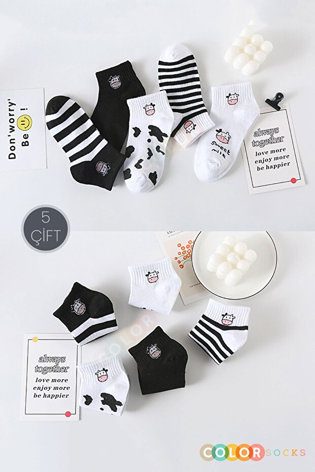 5 Pairs of Cute Cow Pattern Half Socks for Women