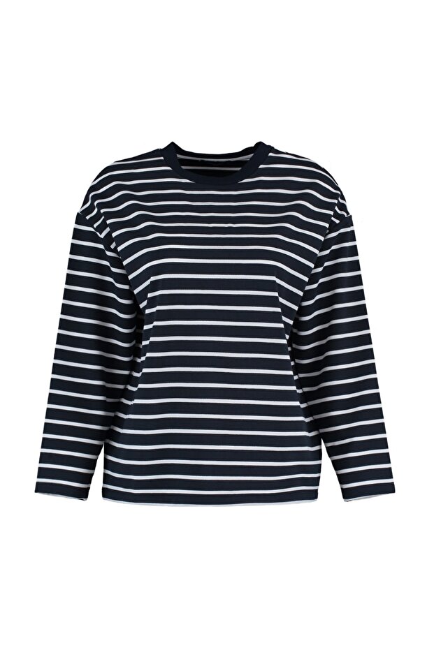Lacivert Çizgili Oversize/Geniş Kesim Bisiklet Yaka İnce Örme Sweatshirt TWOAW23SW00326 - 7