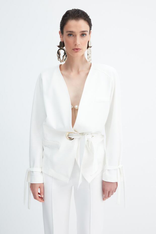 X Zeynep Tosun Ecru Lacing Detailed Jacket TPRAW23CE00017 - 3