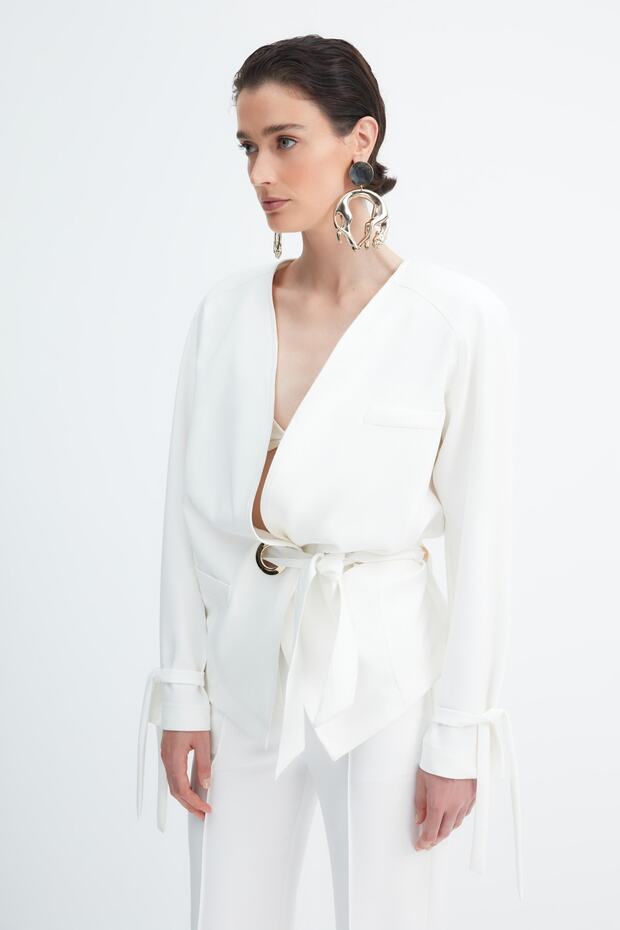 X Zeynep Tosun Ecru Lacing Detailed Jacket TPRAW23CE00017 - 4