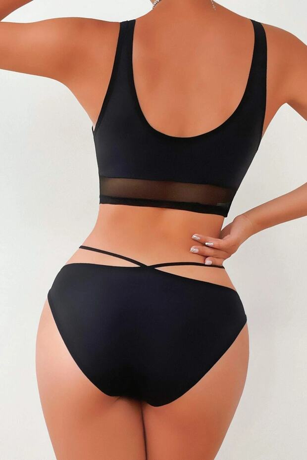 Kadın Siyah Çapraz Ip Detaylı Şık Bikini Takımı - 5