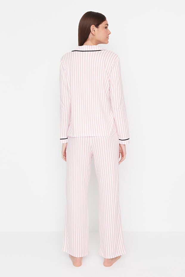 Pudra %100 Pamuklu Çizgili Biye Detaylı Örme Pijama Takımı THMAW21PT0614 - 7