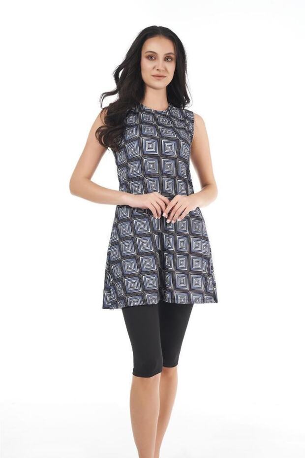 Square Patterned Closed Back Sleeveless Tights Swimsuit