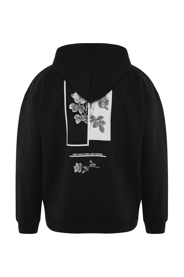 Siyah Oversize/Geniş Kesim Kapüşonlu İçi Polar/Sıcak Tutan Çiçek Baskılı Sweatshirt TMNAW22SW1651 - 6
