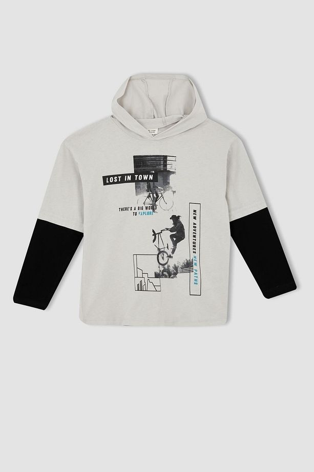 Erkek Çocuk Oversize Fit Kapüşonlu Uzun Kollu Tişört - 1