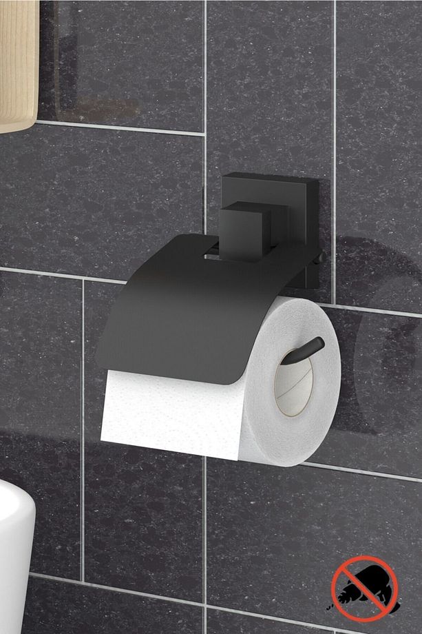 Delme Vida Matkap Yok! Easyfıx Yapıskanlı Kapaklı Tuvalet Kağıtlık Mat Siyah Ef238 - 1