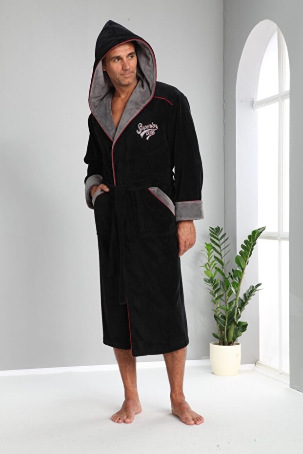 Black Hooded Embroidered Bamboo Cotton Long Men's Bathrobe