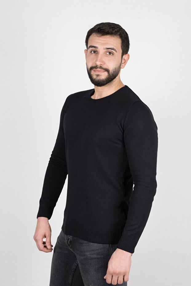 Regular Men's Knitwear Black Sweater Crew Neck Winter Woven
