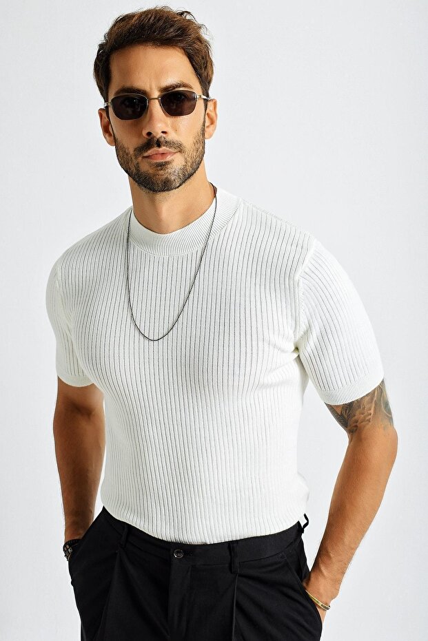 Men's Crew Neck Ribbed Short Sleeve Thin Knitwear Sweater 21w301