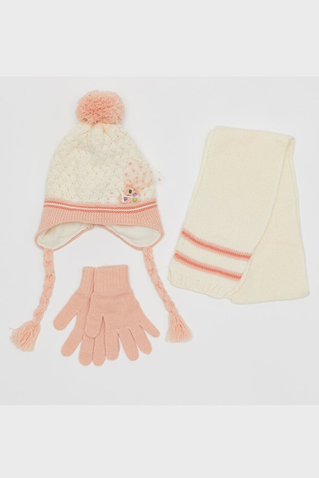 Basket Knitted Girl's 3-Piece Beanie Set - Powder