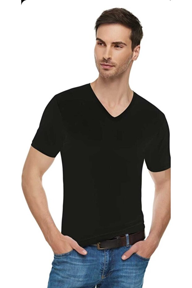 Men's 3-Piece Black Elestan Cotton V-Neck Short Sleeve Bodysuit 1303