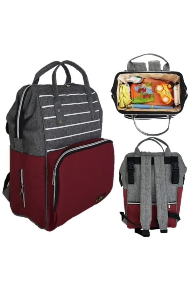 Baby Care Bag Mother Baby Care Backpack - Striped Gray Claret Red
