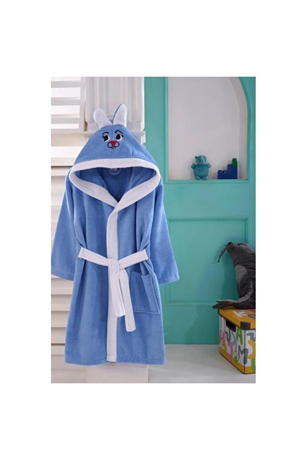 Çocuk Nakışlı %100 Pamuk Bornozu Mavi Berra Unisex - 1