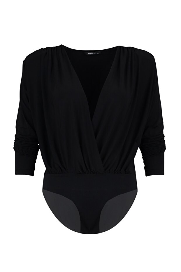 Siyah Vatkalı Kruvaze Kapama Çıtçıtlı Örme Body TBBAW23CS00014 - 6
