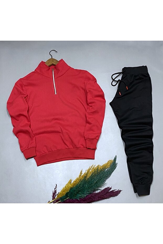 New Season Half Zippered Cotton Red Sweat-black Cotton Sweatpants Set, Top, Bottom, 2-Piece