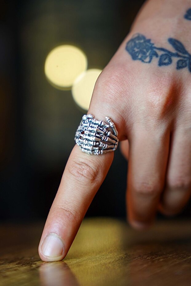 Antik Gümüş Iskelet Çift El Şekilli Ayarlanabilir Yüzük - 1