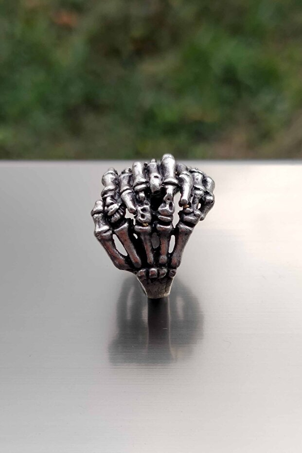 Antik Gümüş Iskelet Çift El Şekilli Ayarlanabilir Yüzük - 4