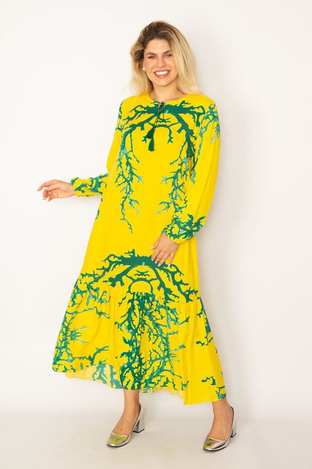 Women's Large Size Yellow Woven Viscose Fabric Hemline Tiered Long Sleeve Dress 65n34263
