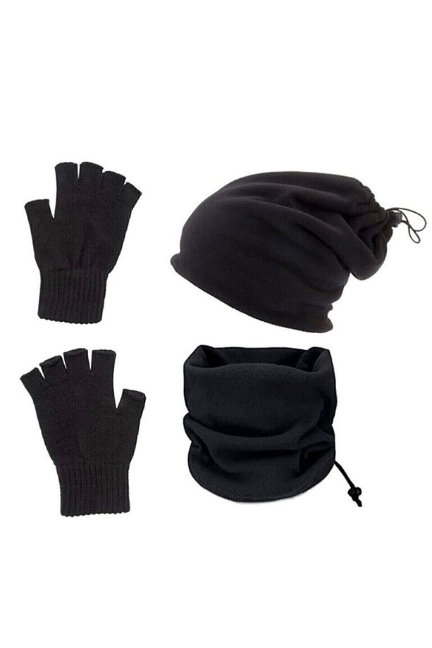 3 Lü Set Termal Polar Boyunluk Bere ve Örgü Kesik Eldiven Siyah - 1