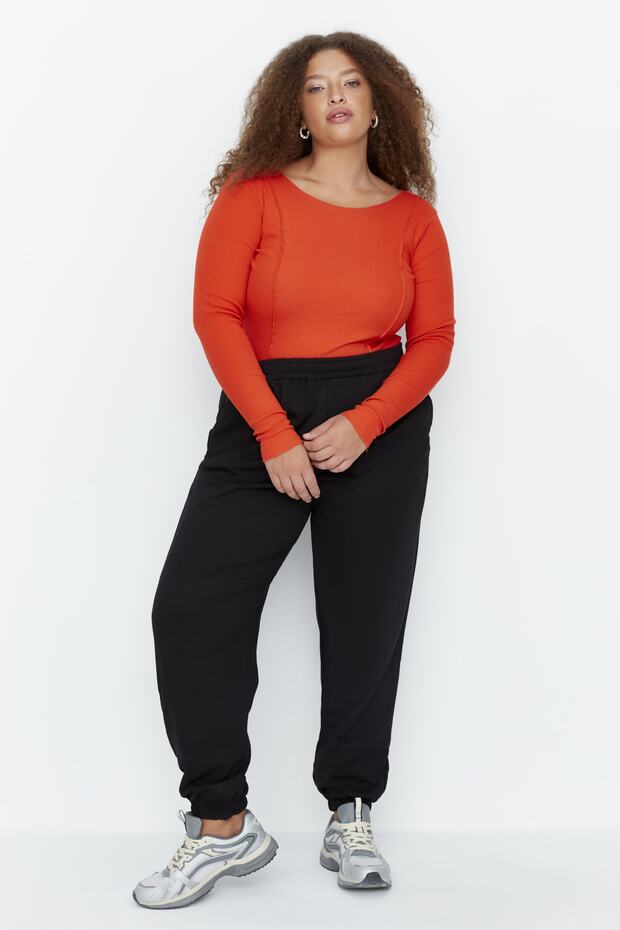 Siyah Loose Jogger İnce Paçası Lastikli Esnek Bel Örme Büyük Beden Eşofman Altı TBBAW23AJ00002 - 8