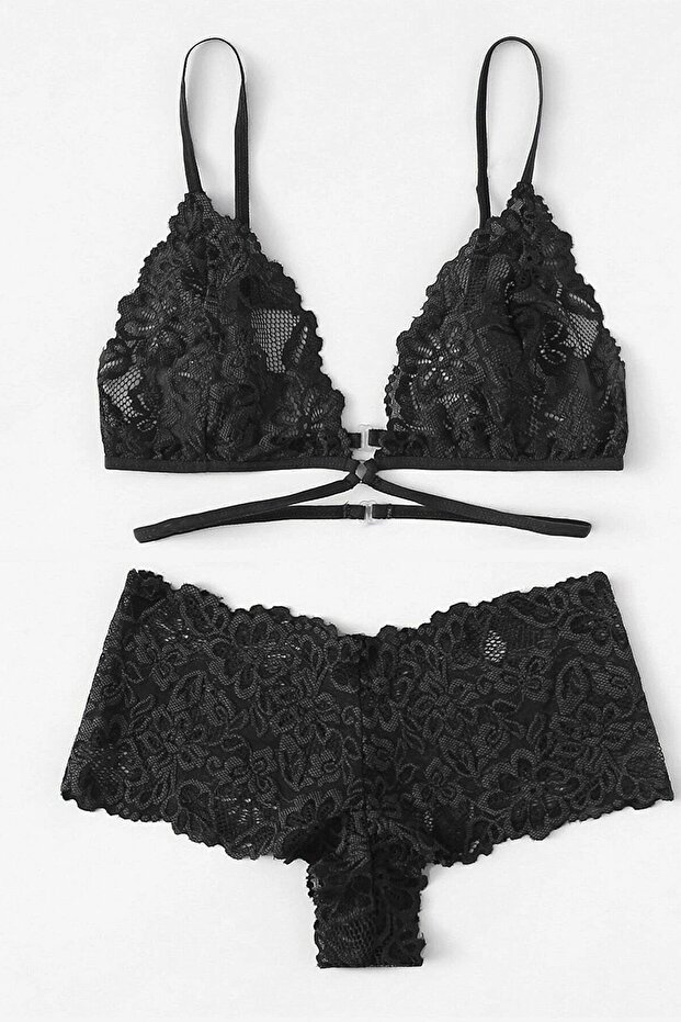 Kadın Siyah Önden Klipsli Şık Sütyen Külot Takımı - 2