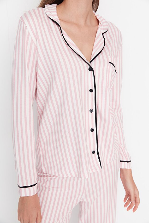 Pudra %100 Pamuklu Çizgili Biye Detaylı Örme Pijama Takımı THMAW21PT0614 - 5