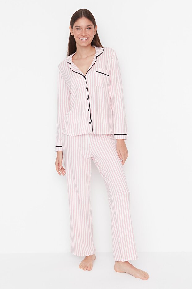 Pudra %100 Pamuklu Çizgili Biye Detaylı Örme Pijama Takımı THMAW21PT0614 - 4