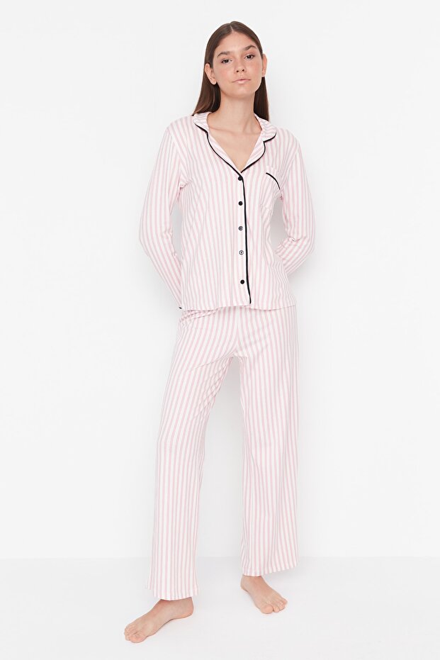 Pudra %100 Pamuklu Çizgili Biye Detaylı Örme Pijama Takımı THMAW21PT0614 - 6