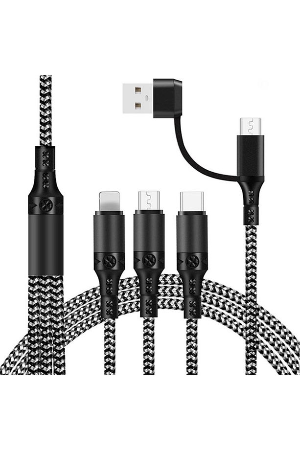 Ally Pd Iphone Li?ghtni?ng, Type-c, Mi?kro Hızlı All In 1 Şarj Kablosu Kopmaz Halat 1.20 Siyah - 1