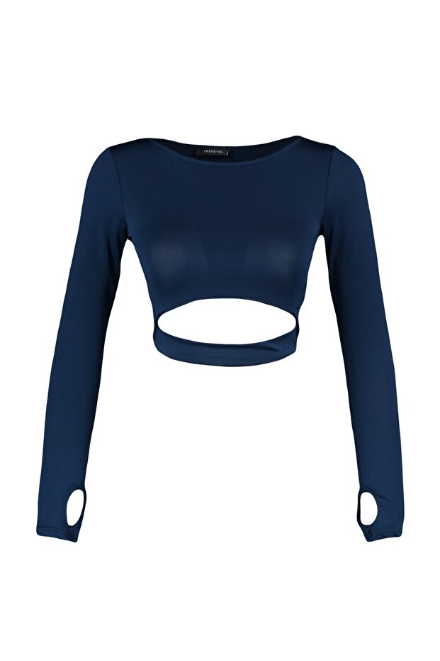 Koyu Lacivert Crop Pencere/Cut Out ve Baş Parmak Delik Detaylı Örme Spor Üst/Bluz TWOAW21BZ0156 - 6