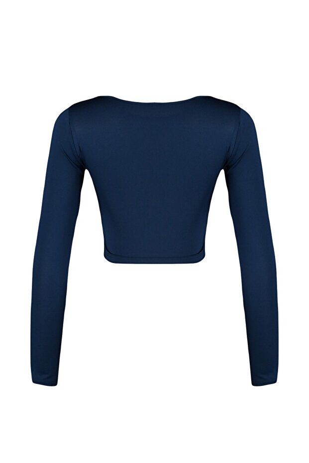 Koyu Lacivert Crop Pencere/Cut Out ve Baş Parmak Delik Detaylı Örme Spor Üst/Bluz TWOAW21BZ0156 - 8
