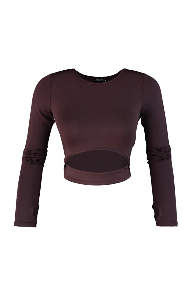 Koyu Kahverengi Crop Pencere/Cut Out ve Baş Parmak Delik Detaylı Örme Spor Üst/Bluz TWOAW21BZ0156 - 6