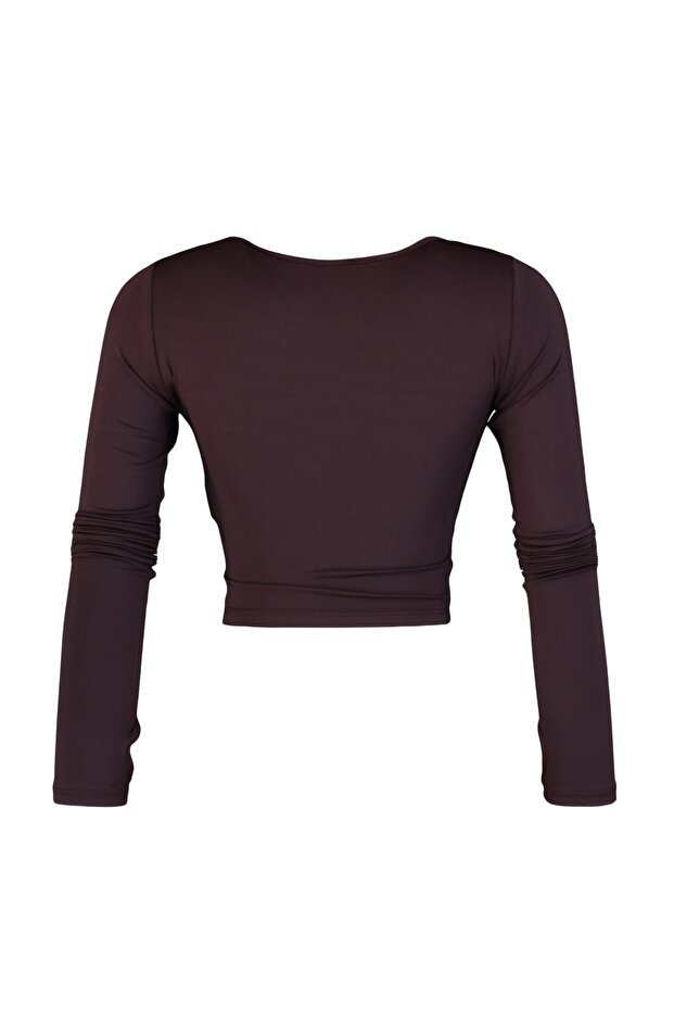Koyu Kahverengi Crop Pencere/Cut Out ve Baş Parmak Delik Detaylı Örme Spor Üst/Bluz TWOAW21BZ0156 - 8