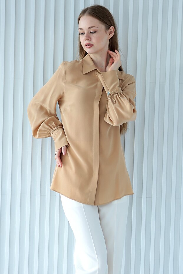 %100 Ipek Bej Gömlek - 2