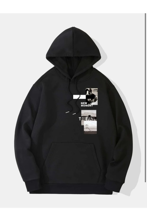 Oversize The Past Printed Black Hooded Sweatshirt