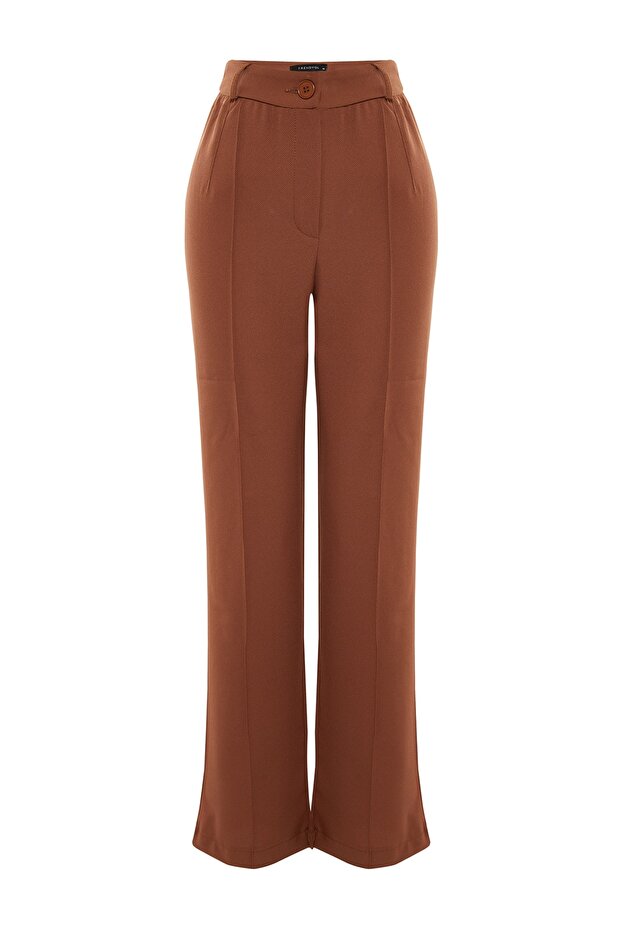 Kahverengi Straight/Düz Kesim Yüksek Bel Nervür Dikişli Dokuma Pantolon TWOSS21PL0093 - 5