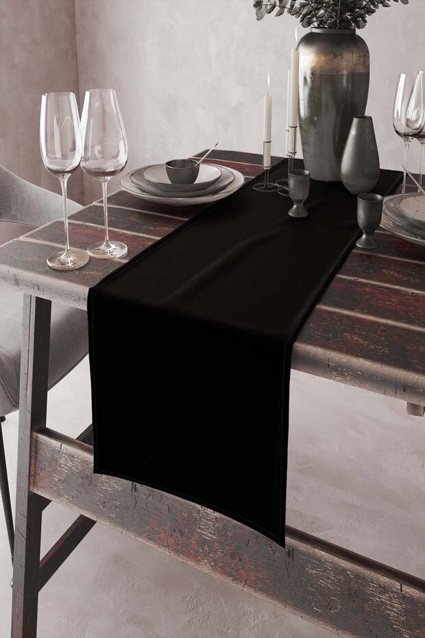 Siyah Tek Renk Sade Runner Masa Örtüsü Premimum Dokuma Kumaş Düz 40x140cm Rnr004 - 1