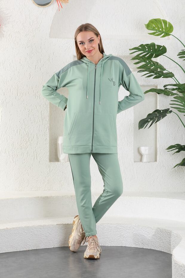 Water Green Women's Sweatshirt Jogger Set with Hooded Zipper Pocket