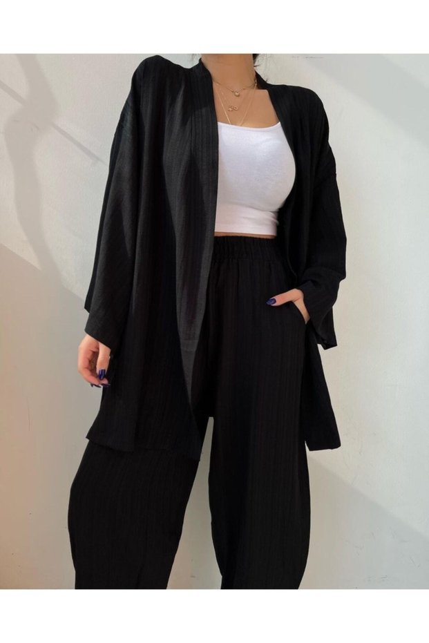 Black Seersucker Kimono Bottom-Top Set