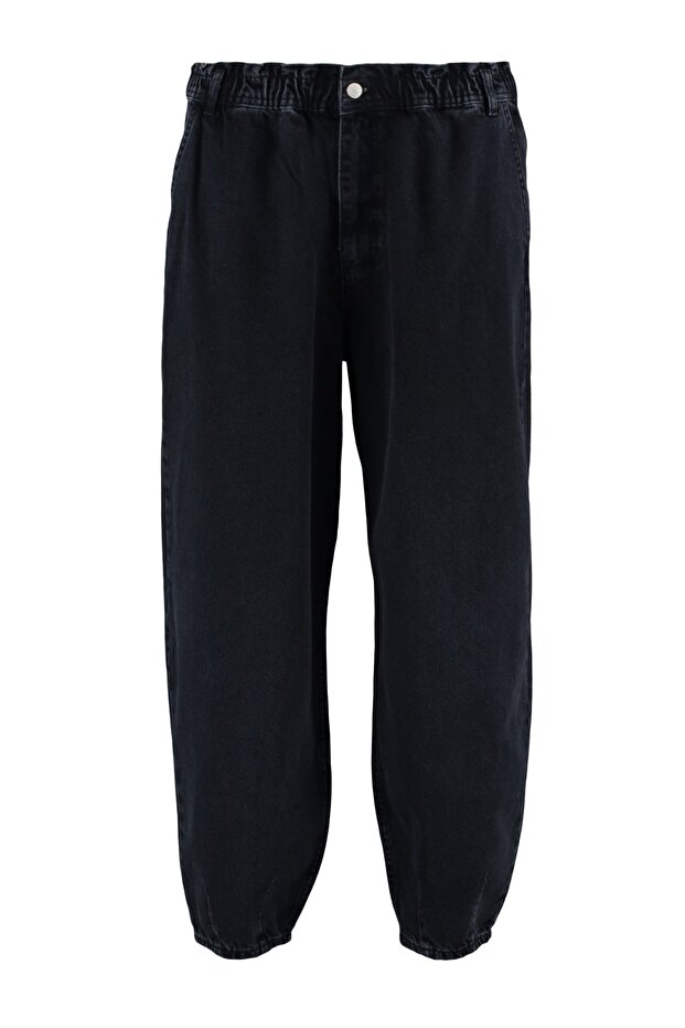 Siyah Yüksek Bel Paça Detaylı %100 Pamuk Cepli Mom Fit Büyük Beden Jeans TBBAW23CJ00007 - 12