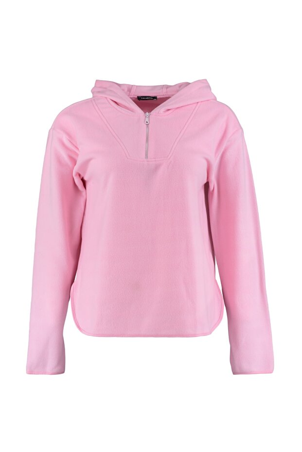 Pembe Kapüşonlu Kalın Polar Örme Büyük Beden Sweatshirt TBBAW23AO00064 - 10