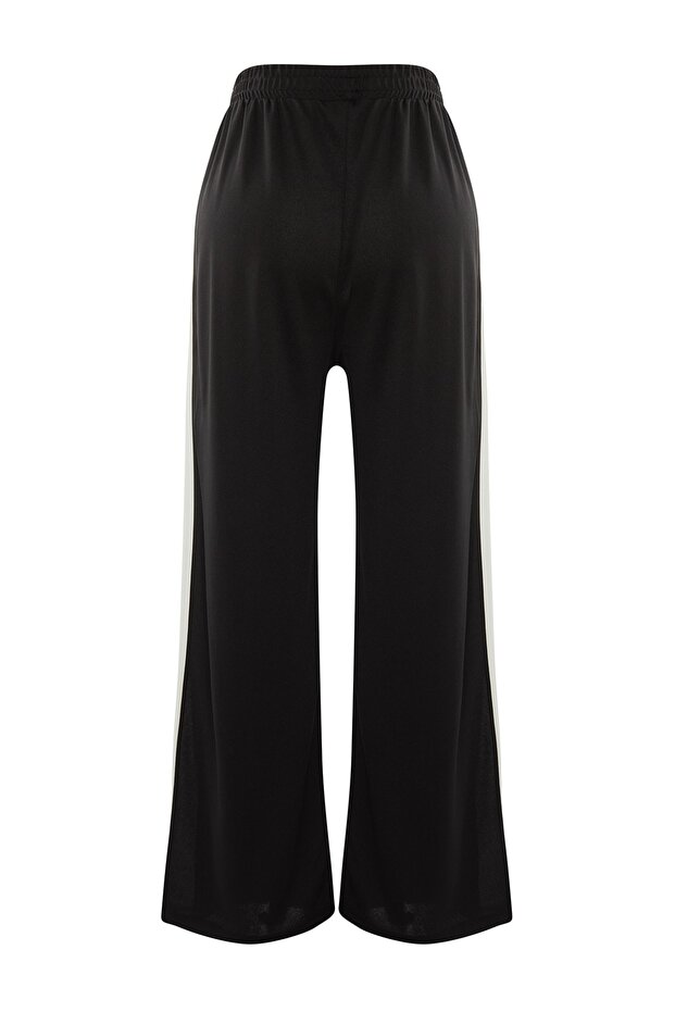 Siyah Beli Lastikli Şerit Detaylı Geniş Paça Örme Pantolon TBBAW23AR00018 - 8