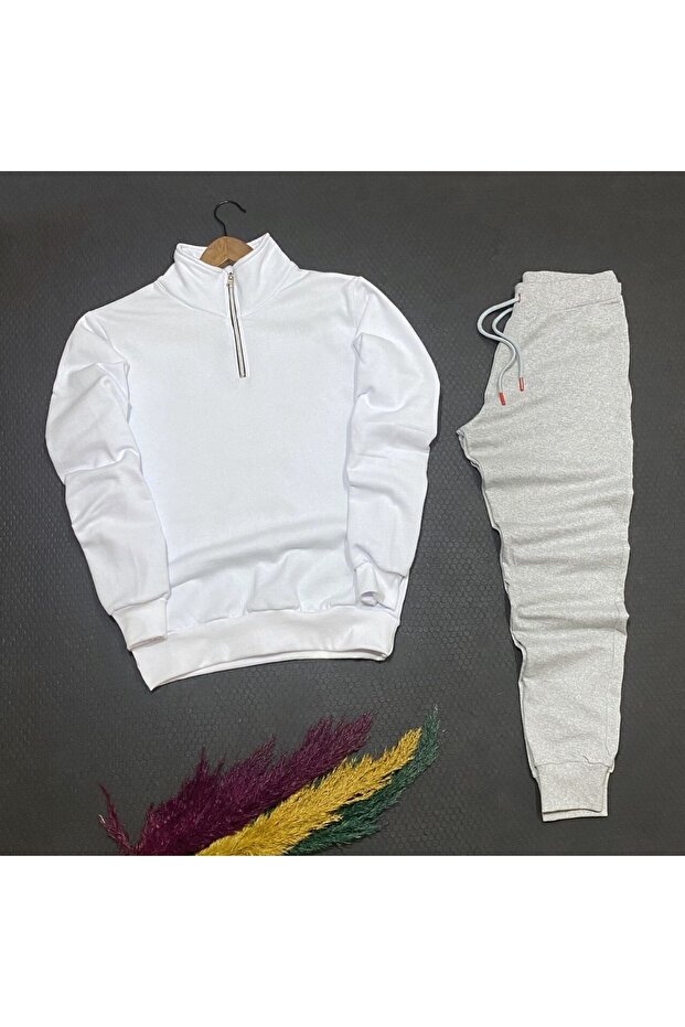 New Season Half Zippered Cotton White Sweat-Grey Cotton Sweatpants Set, Top, Bottom, 2-Piece