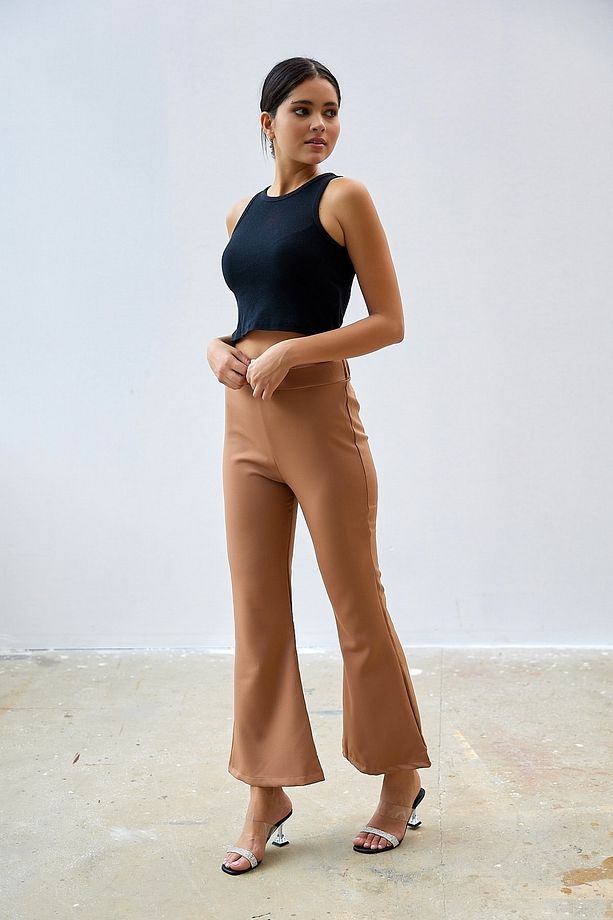 Yüksel Bel Ispanyol Paça Duble Kumaş Pantolon - Camel - 1