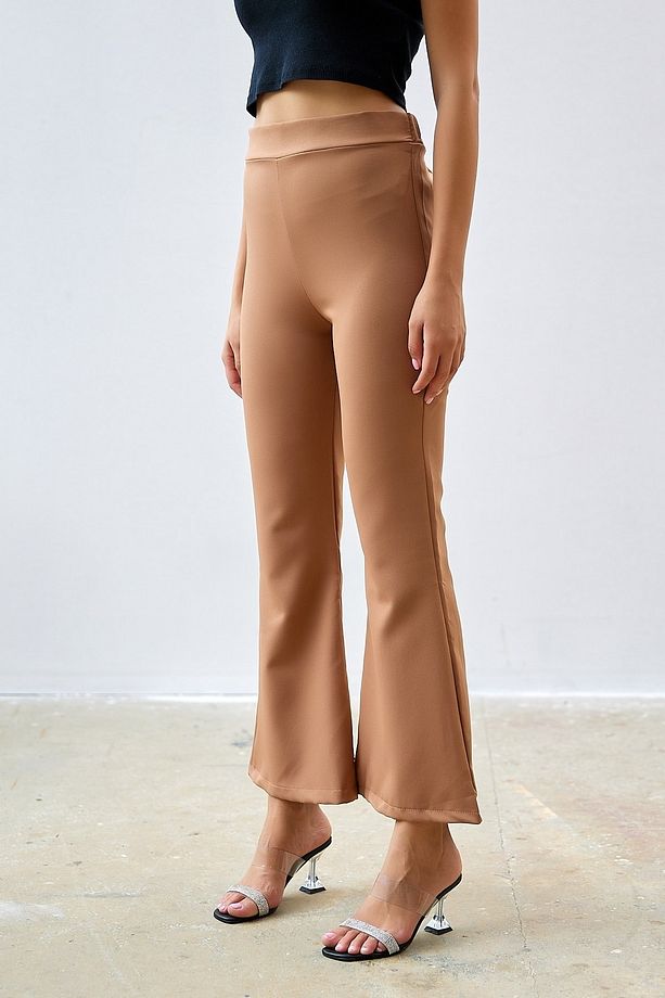 Yüksel Bel Ispanyol Paça Duble Kumaş Pantolon - Camel - 4