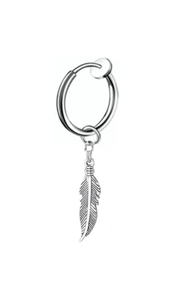 Unisex Silver Compression Pendant Eagle Feather Hoop Earrings