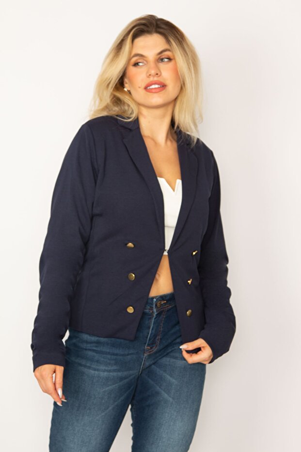 Damska, duży rozmiar, granatowa, zapinana na agraffiti, ozdobna, metalowa, klasyczna marynarka z podszewką na guziki 65n34285 - 4